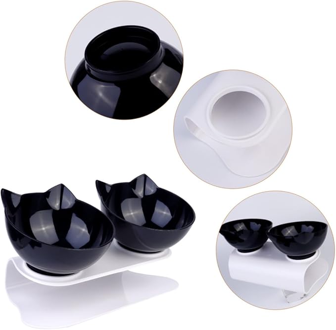 Homoyoyo Double Pet Food Bowl with Cat Ear Design, Black Plastic Raised Feeding and Watering Dish, Tilted Neck Protection, Anti-Spill Cat and Dog Bowl for Indoor Use