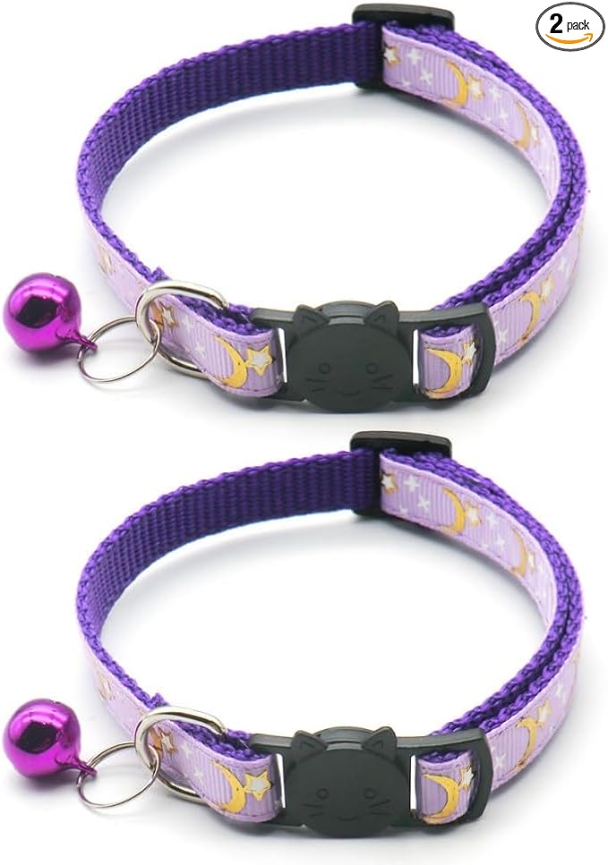 Reflective Cat Collars with Bell 2-Pack Girl Boy Pet Kitten Collar with Star Moon Patetrn Adjustable 7.5-12.5 Inch (Purple)