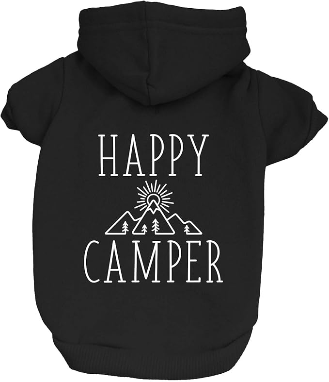 Happy Camping Dog Hoodie | Fleece Lined |Leash Hole| Summer | Outdoors | Travel | Hike|Black, Small 278