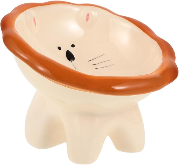 Luxshiny Ceramic Elevated Cat Food Bowl with Tilted Design Large Wide Mouth Cartoon Lion Pattern Raised Pet Bowl for Indoor Feeding and Watering