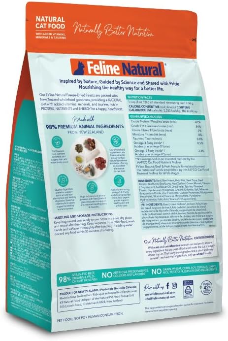 Feline Natural High Protein Dry Cat Food, Freeze-Dried Diet with 98% Meat, Organs & Seafood, No Peas, Grains, or Artificial Additives, Made in New Zealand, Beef & Hoki, 11oz