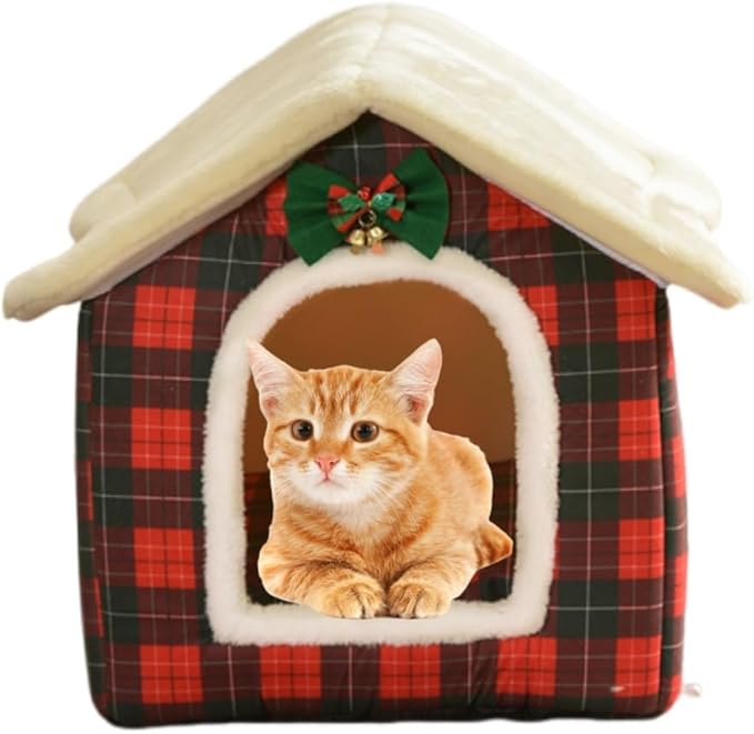 Cat Bed Cave, Cute Christmas Plaid Cat Beds for Indoor Cats, Pet House Cats Tent with Removable Cushion Pillow for Kittens Puppy Small Dogs (Plaid-S(15.7x12.6x13.7in))