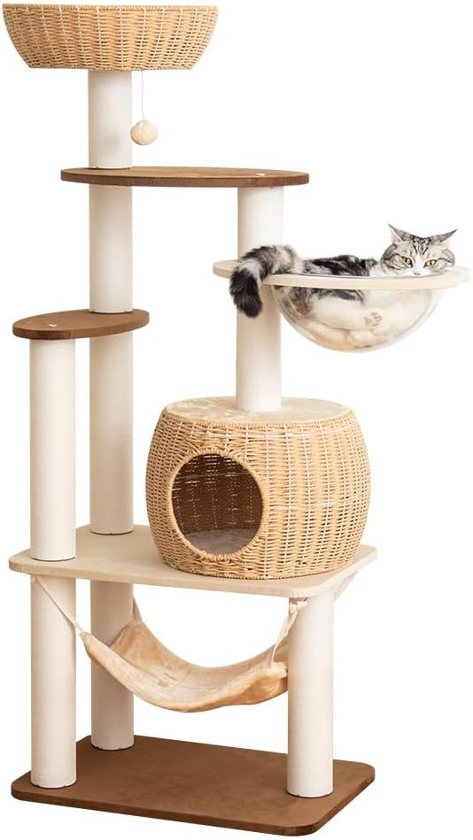 56.7in Large Wooden cat Tree for Large Multiple Cats,cat Tree with Observation Deck, Suitable for Summer and Winter 144CM (Particleboard)