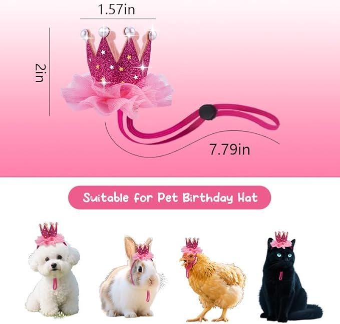 Lace Crown Dog Birthday Hat for Boy Girl Dogs Cat Birthday Party Hat with Pearls for Pet Hot Pink Birthday Hats for Pet Adjustable Dog Cat Kitten Bday Hat for Pets Birthday Party Hats