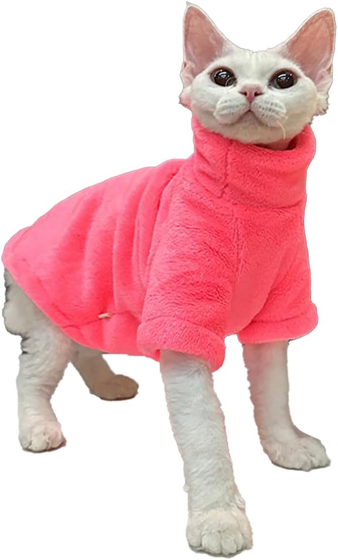 Sphynx Cat Clothes Winter Turtleneck Soft Coral Fleece Cat Clothes Thicken Warm Pajamas Coat for Hairless Cats and Small Cat Apparel with Sleeves (Rainbow Powder, XXL（12.7-16lbs）)