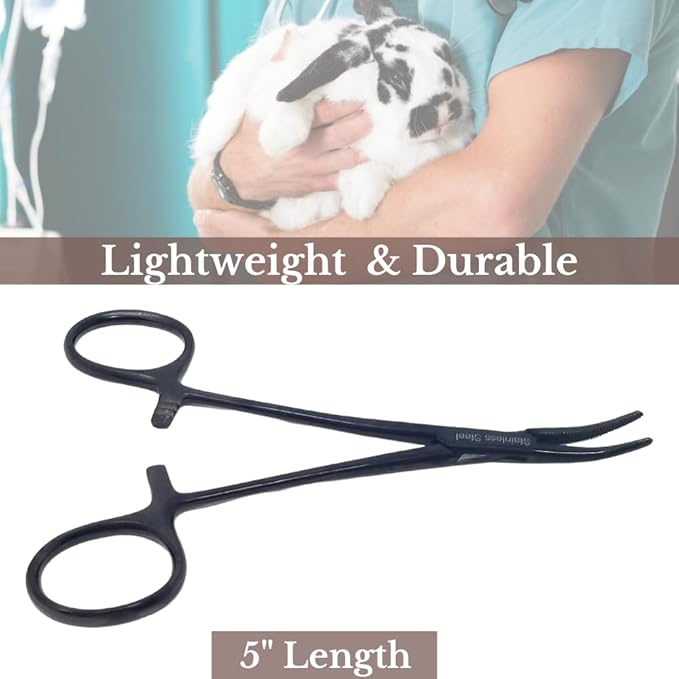 HTI DOG CAT PET HAIR PULLER REMOVER STAINLESS STEEL HEMOSTAT LOCKING FORCEPS 5" CURVED FULL SERRATED (Black)