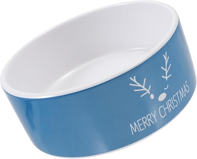 GALPADA Christmas Ceramic Cat Bowl and Pet Food Dish, Blue Reindeer Design, Sturdy Ceramic Material, Suitable for Cat Feeding and Watering, Holiday Themed Pet Supply for Indoor Use
