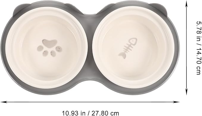 Ceramic Cat Bowl Set Raised Double Bowls with Anti-Slip Gray Thickened Stand for Indoor Pet Feeding and Watering, Elevated Food and Water Dish for Cats