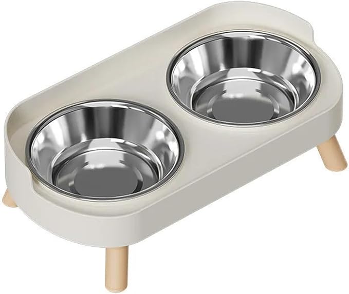 Raised Cat Feeder 2 Bowls in 1 Feeding & Watering Supplies 15° Raised Puppy 2 Stainless Steel Bowls Wood Stand Cats Accessories(Blind Spot Assist-Withe 1Pair)