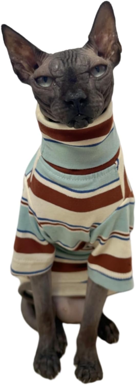 Vintage Stripes Sphynx Hairless Cats Shirt Cotton Cat Turtleneck Pet Clothes Kitten T-Shirts with Sleeves for Sphynx Cornish Rex, Devon Rex, Peterbald (Mint Brown, Small (Pack of 1))