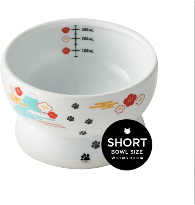Necoichi Elevated Cat Water Bowl – Ceramic Raised Cat Bowl, Prevents Neck & Whisker Fatigue – Dishwasher & Microwave Safe – Pet Water Bowl for Cats (Fuji, Regular)