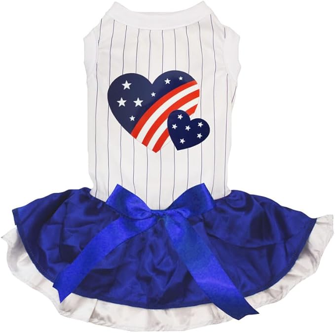 Petitebella USA Twins Heart Puppy Dog Dress (Stripes/Blue White, XX-Large)