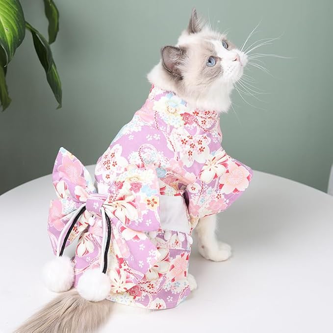 Cute Cat Kimono Dress SakuraFlower Pattern with Bowtie Pet Photo Cat Halloween Costume Cat Princess Cute Cat Outfit (Purple,S-3to7lb)