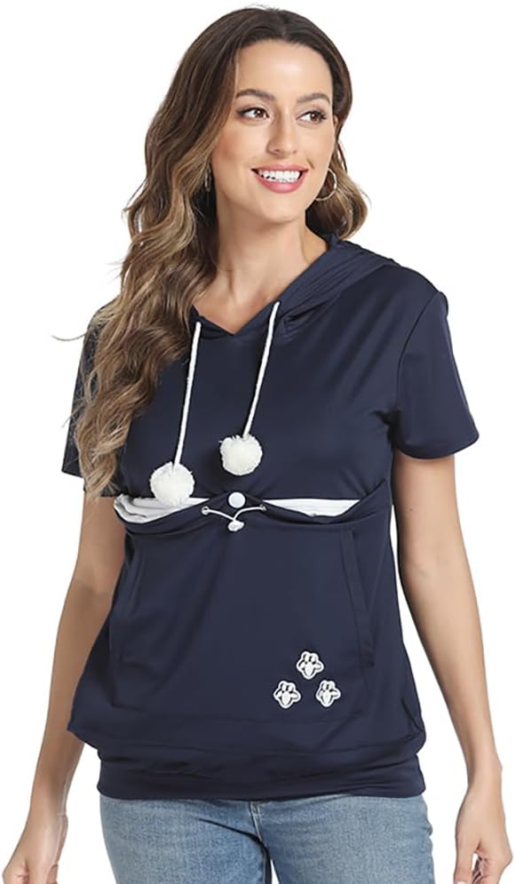 Women Big Pouch Shirt Pet Holder Pocket Top Short Sleeve Solid Color T-Shirt