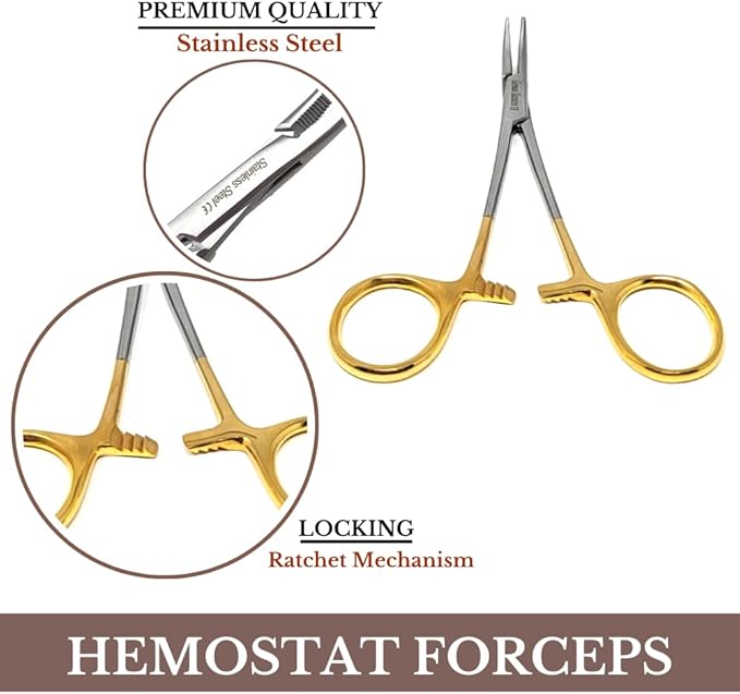 HTI DOG CAT PET HAIR PULLER REMOVER STAINLESS STEEL HEMOSTAT LOCKING FORCEPS 5" CURVED FULL SERRATED (Gold Handle)