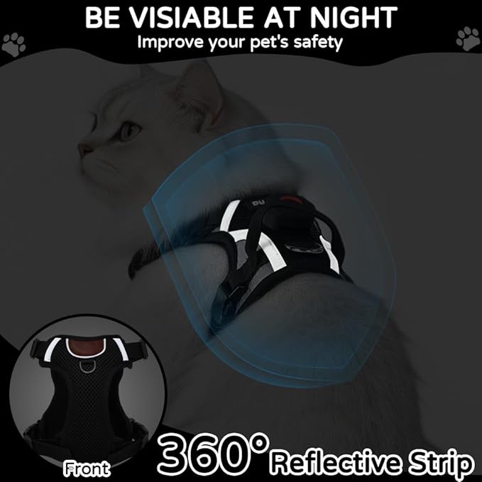 Cat Harness and Leash Set with Holder Compatible with AirTag, Upgraded Escape Proof Adjustable Vest Lead for Large Cat Small Dog Walking, Soft Breathable Mesh Jacket with Reflective Strips, Black, L