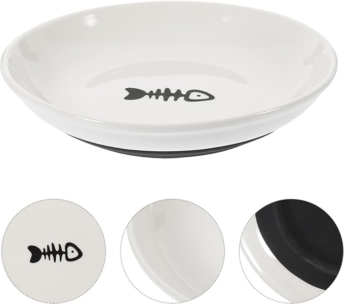 Ceramic Cat Bowls 3pcs Set with Wide Shallow Round Dish and Non-Slip Black Silicone Base for Healthy Kitten Feeding and Watering at Home