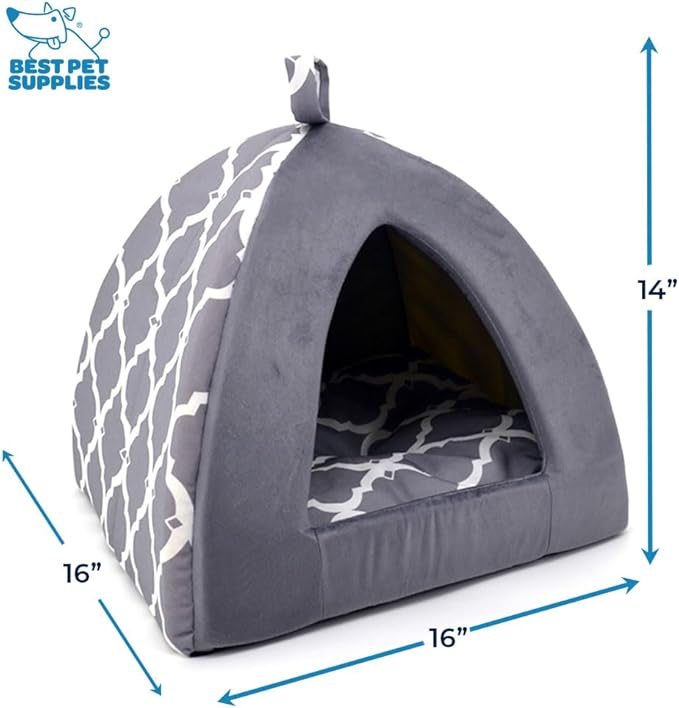 Best Pet Supplies Cat Bed for Indoor Cat, Domed Tent House with Removable Pillow, Covered Cat Cave for Small Dog, Puppies and All Breeds of Cats - Gray Lattice, 19 x 19 x H:19"