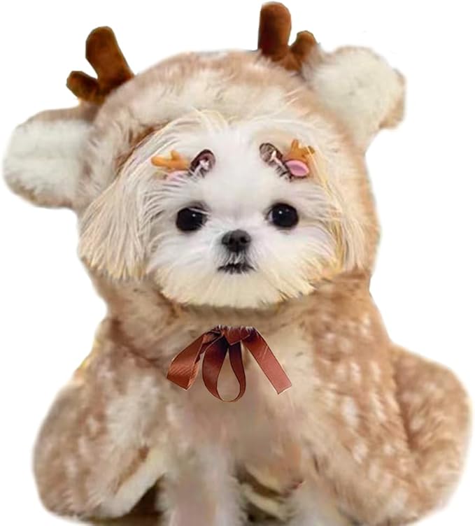 ANIAC Christmas Puppy Reindeer Costume Xmas Dog Elk Cloak with Antlers Cat Santa Cape Christmas Dog Outfit for Small Medium Dog (Medium, Brown)