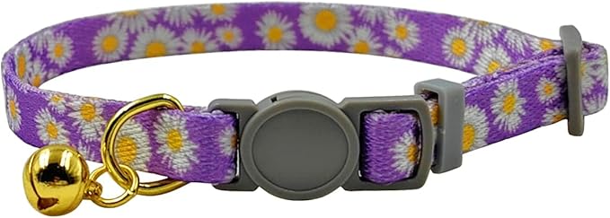 Breakaway Cat Collar, Floral Pattern, Safe Release Buckle, Clear Bell, Polyester Material, for Adult Cats.(Purple Daisy)