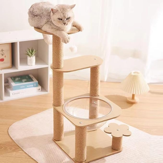 32IN Cat Tree with Clear Acrylic Bowl Bed, Multi-Level Cat Tower with Sisal Scratching Posts, Wooden Platforms and Hanging Toy, Indoor Cat Climbing Activity Furniture