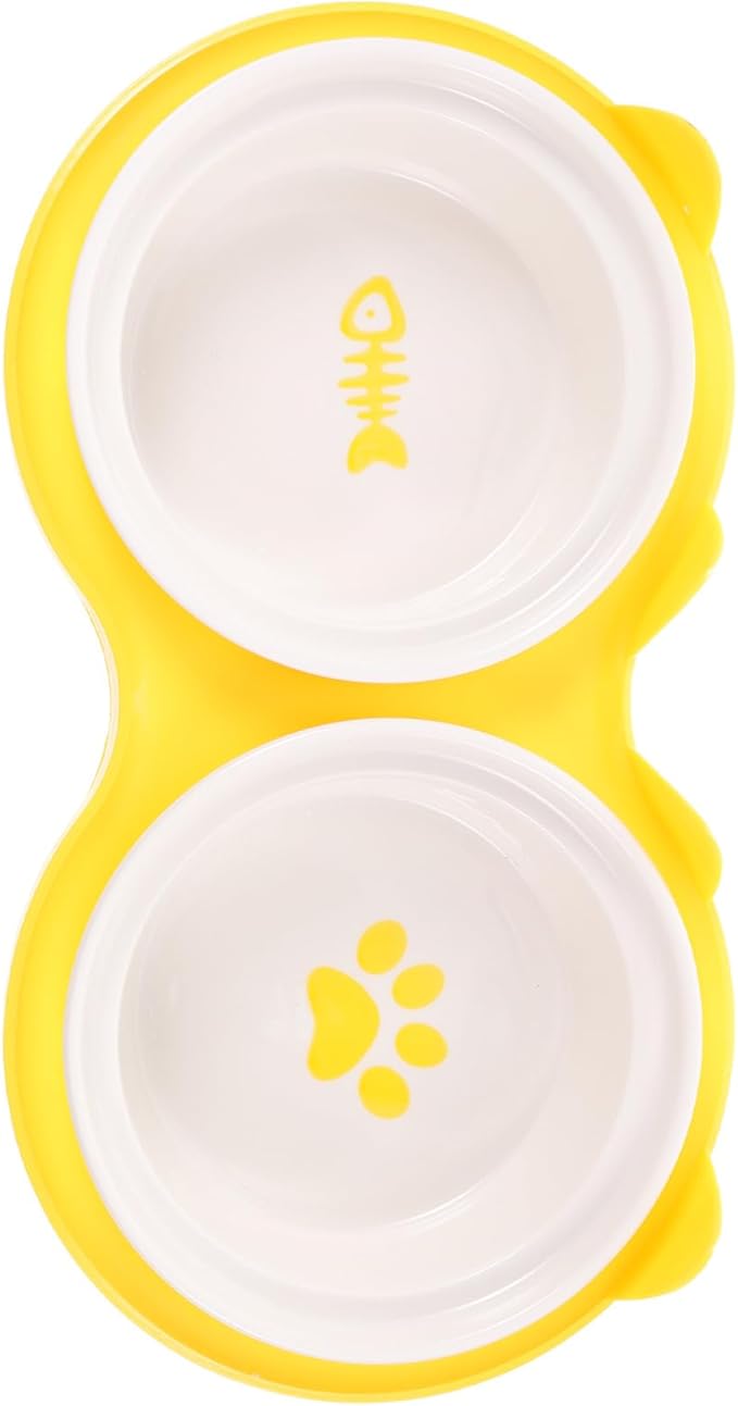 Ceramic Cat Bowls Elevated Double Feeding and Watering Bowls Thickened Yellow Non-Slip Stand for Kittens