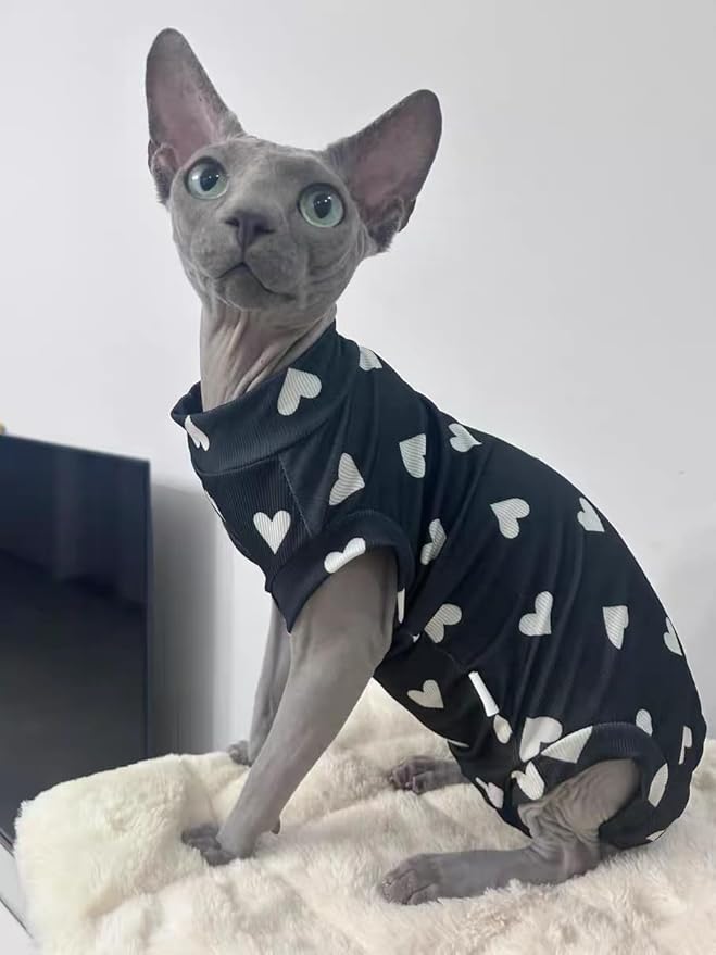 Sphynx Cat Clothes, Hairless Cat Shirt, Soft Stretchy Sweater for Cats, Breathable Cat Daily Outfit, Pullover for Cornish Rex, Devon Rex (Black, M (3.5-5lbs))