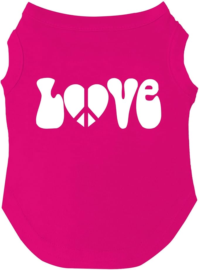 Love with Peace Symbol Heart Dog Tee Shirt | Sleeveless | Sizes for Puppies, Toys and Large Breeds (Hot Pink, Small 1039)