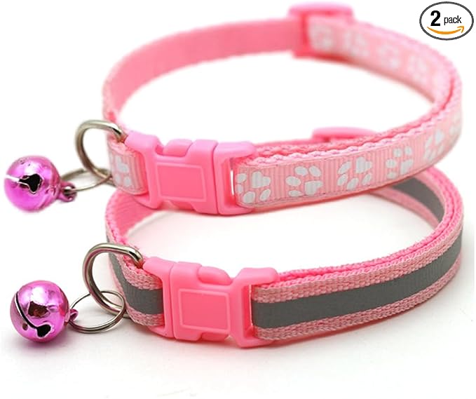 Pink Dog Collar for Small Dogs with Bell, 2-Pack Basic & Reflective Girl Puppy Collar with Bells for XXS Xs Small Pet Female Dogs Tiny Cats, S