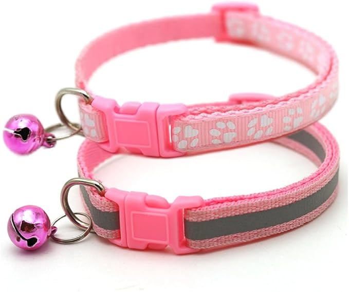 Pink Dog Collar for Small Dogs with Bell, 2-Pack Basic & Reflective Girl Puppy Collar with Bells for XXS Xs Small Pet Female Dogs Tiny Cats, S