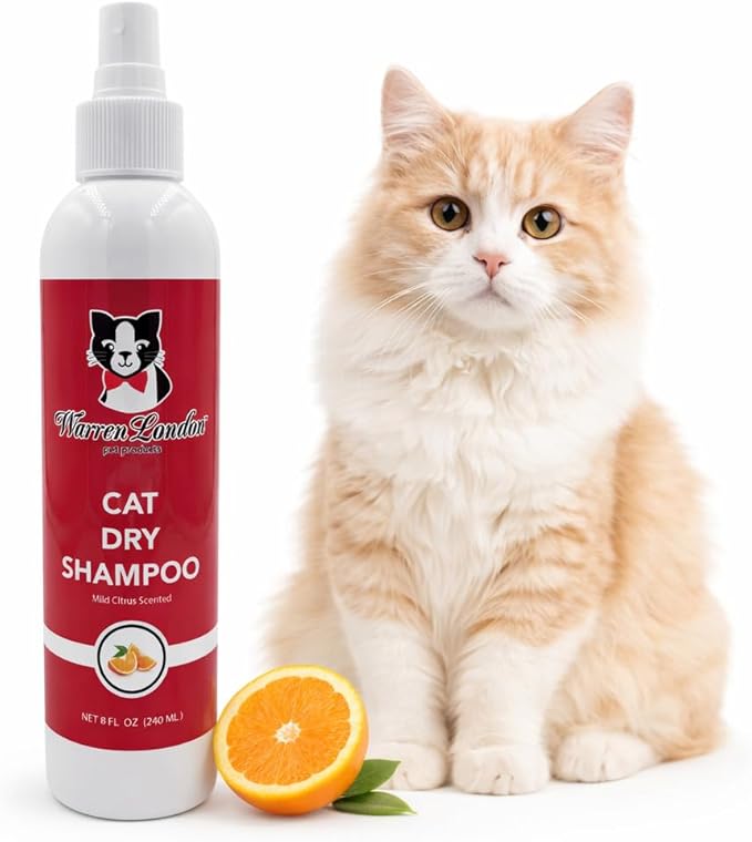 Warren London Cat Dry Shampoo Spray – 8 oz No-Rinse Waterless Cleaner with Neem & Coconut | Mild Citrus Odor Control, Dander & Itch Relief | Quick On-The-Go Grooming | Soap-Free, Made in USA