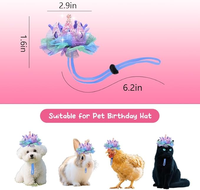 Glitter Pet Birthday Hat for Dog Cat with Sparkly Lace, Adjustable Pet Hat for Dog Cat for Birthday Party Decorations for Pet Dogs Cats Bday Hat with Lace Hair Accessories for Pet Dog Cat Puppy Hat