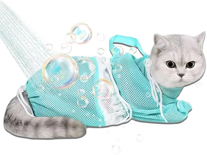 Cat Bathing Bag, Mesh Pet Grooming Restraint Bag for Washing, Nail Trimming, (Green)
