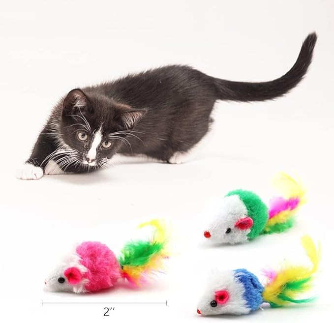 Cat Mouse Toys 12 Pcs Rattle Mice for Indoor Cats Furry Feather Fake Mouse Kitten Interactive Play Squeaky Fur Mice Cat Toy Funny Kitty Tracking Game with Rattling Sounds