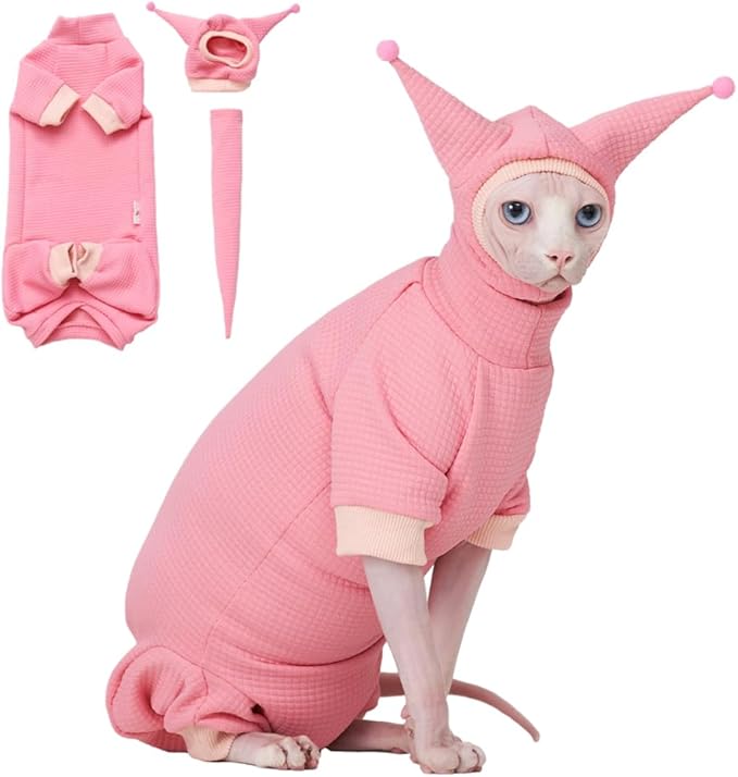 Sphynx Cat Clothes Waffle Pattern Suit, Cute Pet Hat and Shirt Set, Hairless Cat Devon Cornish Pink and Black Suit, (Small, Pink)