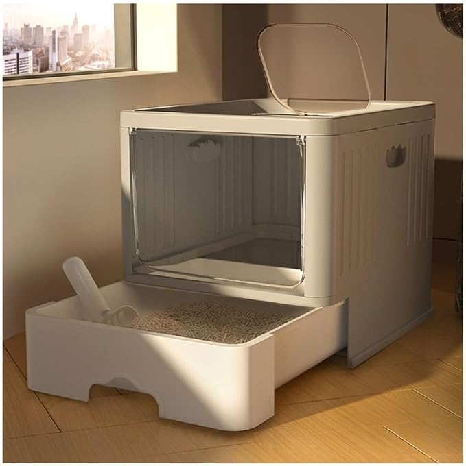Pet Supplies, Large Enclosed Cat Litter Box with Lid, Top Entry Drawer Design & Scoop(Gray)