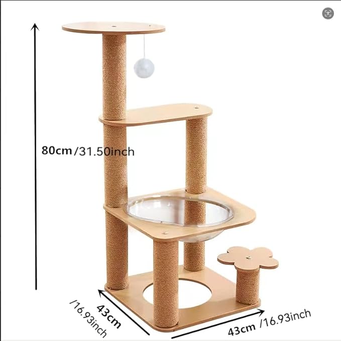 32IN Cat Tree with Clear Acrylic Bowl Bed, Multi-Level Cat Tower with Sisal Scratching Posts, Wooden Platforms and Hanging Toy, Indoor Cat Climbing Activity Furniture