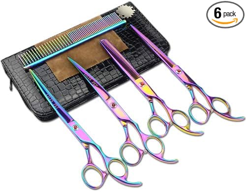 Professional PET DOG Grooming Coated Titanium scissors suit Cutting&Curved&Thinning shears (7.5 inches, Rainbow)…