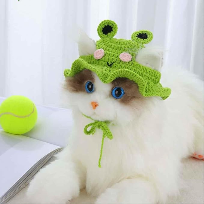 2Pcs Cute Knit Cat Hat,Handmade Crochet Dog Hat Halloween Christmas Party Costume Headwear for Pet Puppies (Frog and Flower)