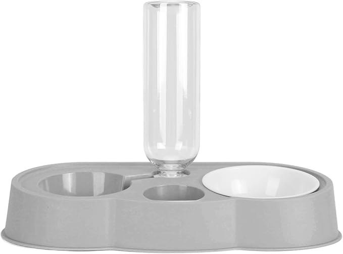 Double Pet Bowl Set, Non - Slip Stable 2-in-1 Food & Water Bowl with Automatic Water Dispenser Bottle, Feeding Station for Cats, Small Dogs and Mini Pets (Gray)