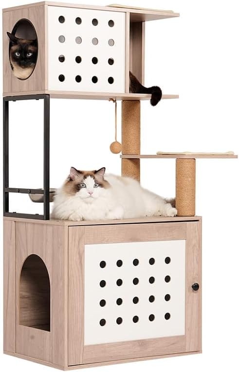 All-in-one Cat Tree with Litter Box Enclosure, Modern Indoor Cat Tower with Large Hammock, Comfort Cat Bed, Food Station and Scratching Posts, Stylish Pet Furniture for Home Decor
