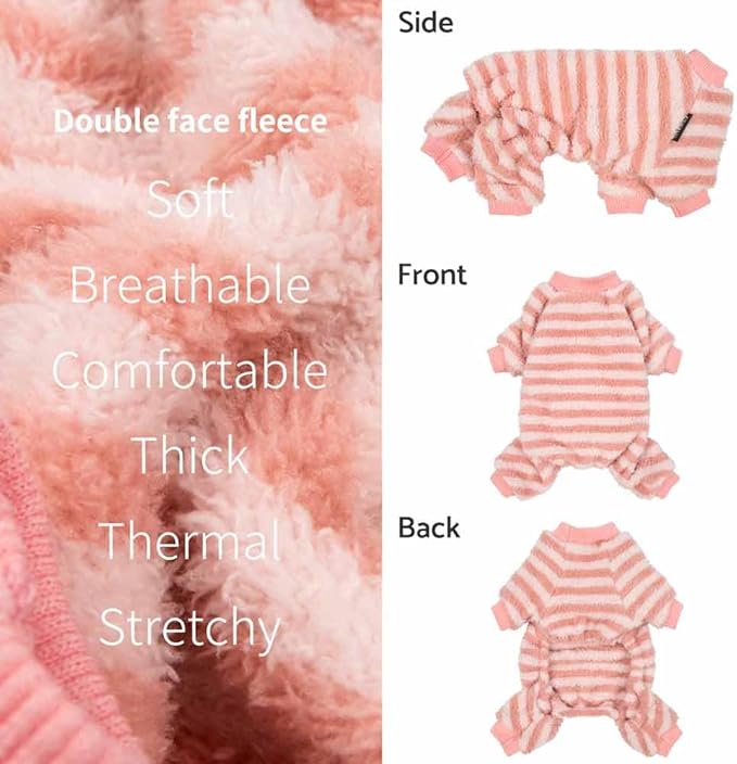 Fitwarm Fuzzy Fleece Stirped Dog Pajamas, Dog Winter Clothes for Small Dogs Girl, Cozy Dog Onesie, Pet Jumpsuit, Doggy Apparel, Pink, White, Large