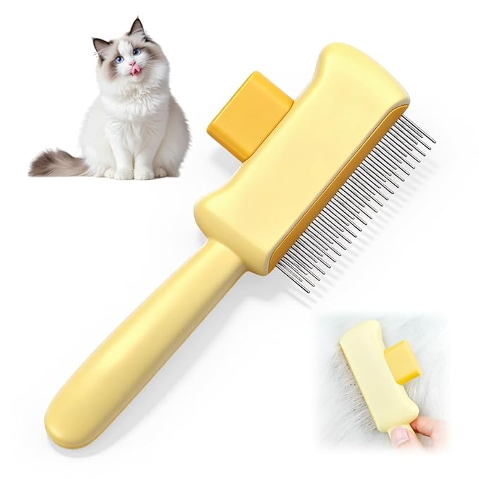 Cat Self Cleaning Pet Hair Removal Comb, Cat Grooming Brush With Long Short Stainless Steel Metal Teeth, Pet Grooming Brush For Home, Portable Cat And Dog Grooming Comb For Travel (Yellow)
