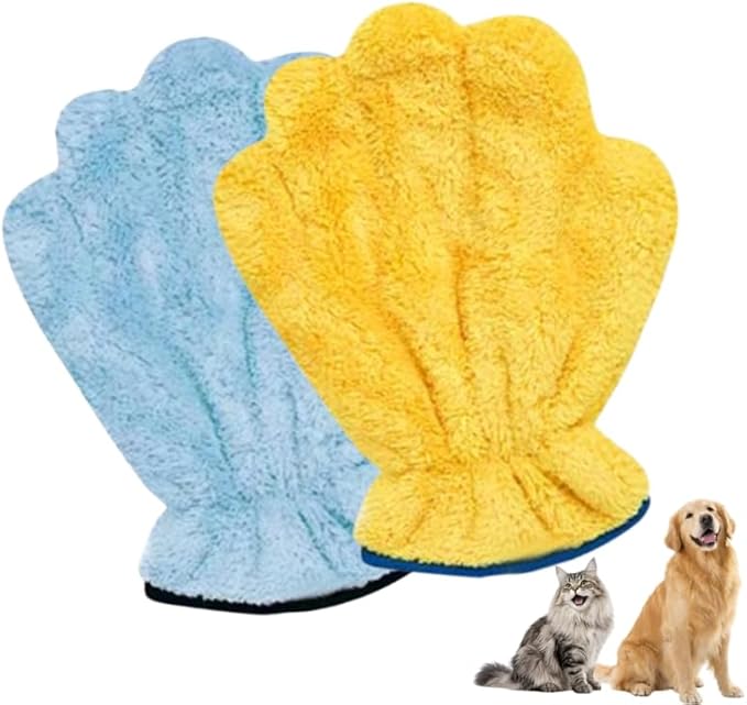 Microfiber Pet Drying Glove - Absorbent Dog & Cat Grooming Mitt, Quick Dry Bath Towel Glove for All Pets, One Size Fits All, 2 Pack (Blue/Yellow)