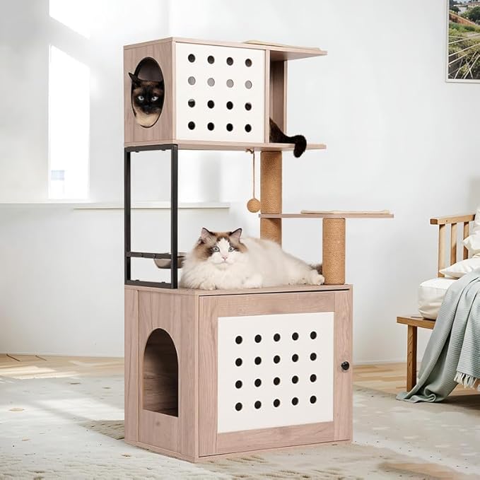 All-in-one Cat Tree with Litter Box Enclosure, Modern Indoor Cat Tower with Large Hammock, Comfort Cat Bed, Food Station and Scratching Posts, Stylish Pet Furniture for Home Decor