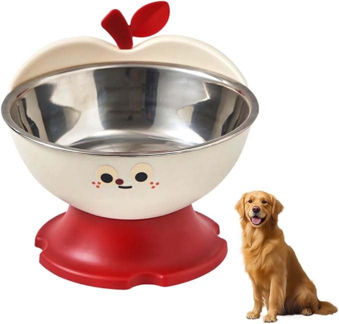 Elevated Cat Dog Bowl Apple Shape, Non Slip Pet Feeder with Stainless Steel Inner, Anti Vomiting Neck Protection for Small Medium Pets