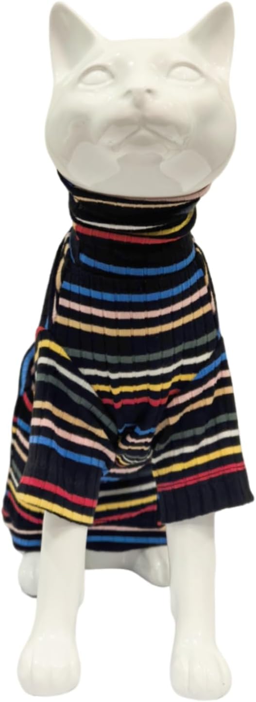 Turtle Neck Vintage Stripes Sphynx Hairless Cat Cotton T-Shirts Pet Clothes Vest Kitten Shirts Sleeveless, Cats & Small Dogs Apparel (Dark Rainbow, M (5-6.5 lbs))