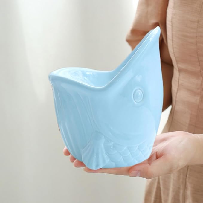 Alasum Ceramic Raised Pet Bowl for Cats and Puppies with Neck Support, Multi-Function Household Feeding and Watering Dish, Blue Artistic Design for Comfortable Pet Dining