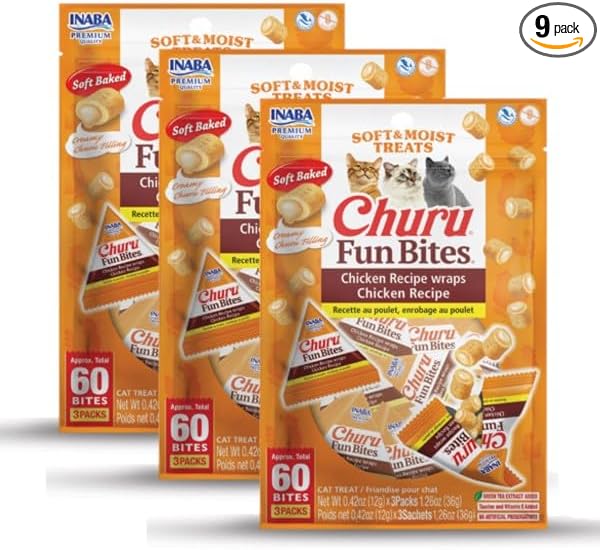 INABA Churu Fun Bites for Cats, Soft & Chewy Baked Chicken Wrapped Filled Cat Treats with Taurine, 0.42 Ounces Each Tetra, 9 Tetras (3 per Bag), Chicken Recipe