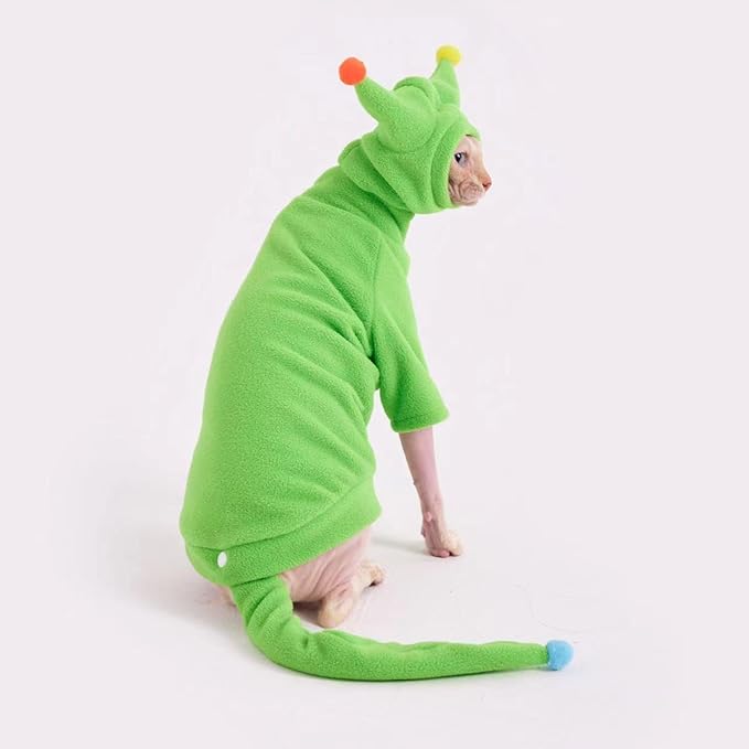 Sphynx Cat Clothes, Warm Cat Jumpsuit with Hat and Tail Cover, Full Set for Hairless Cats, Cornish Rex and Devon Rex (Green, XL(9-10lbs))